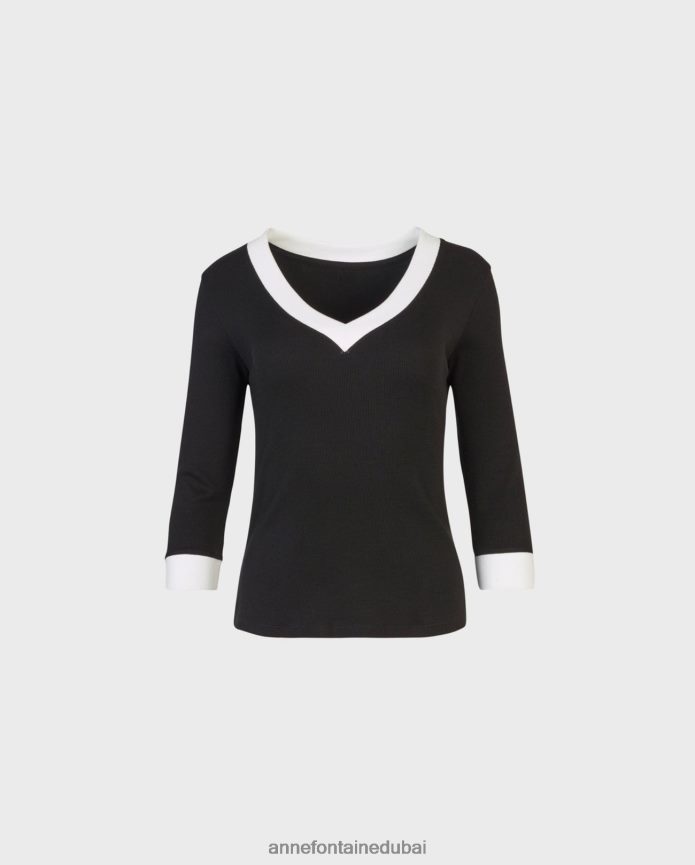 ملابس عبد اللطيف Anne Fontaine نحيف جزء علوي مضلع بأكمام 3/4 من Sol مع حواف متباينة أسود/أبيض T622DL261