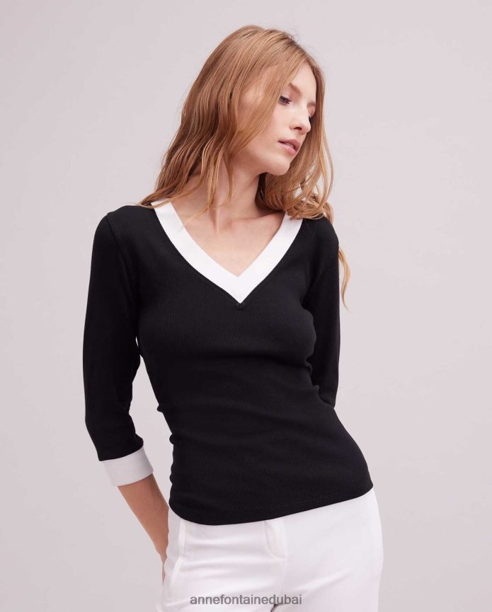 ملابس عبد اللطيف Anne Fontaine نحيف جزء علوي مضلع بأكمام 3/4 من Sol مع حواف متباينة أسود/أبيض T622DL261