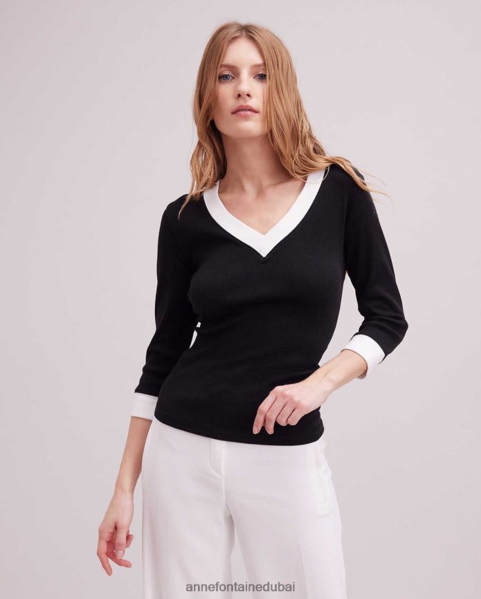 ملابس عبد اللطيف Anne Fontaine نحيف جزء علوي مضلع بأكمام 3/4 من Sol مع حواف متباينة أسود/أبيض T622DL261