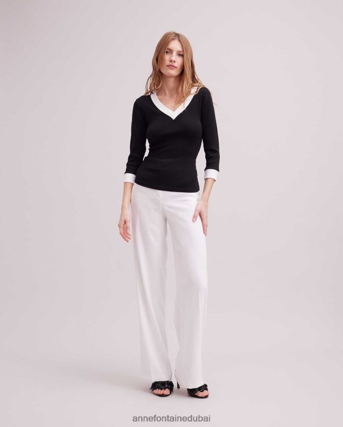 ملابس عبد اللطيف Anne Fontaine نحيف جزء علوي مضلع بأكمام 3/4 من Sol مع حواف متباينة أسود/أبيض T622DL261