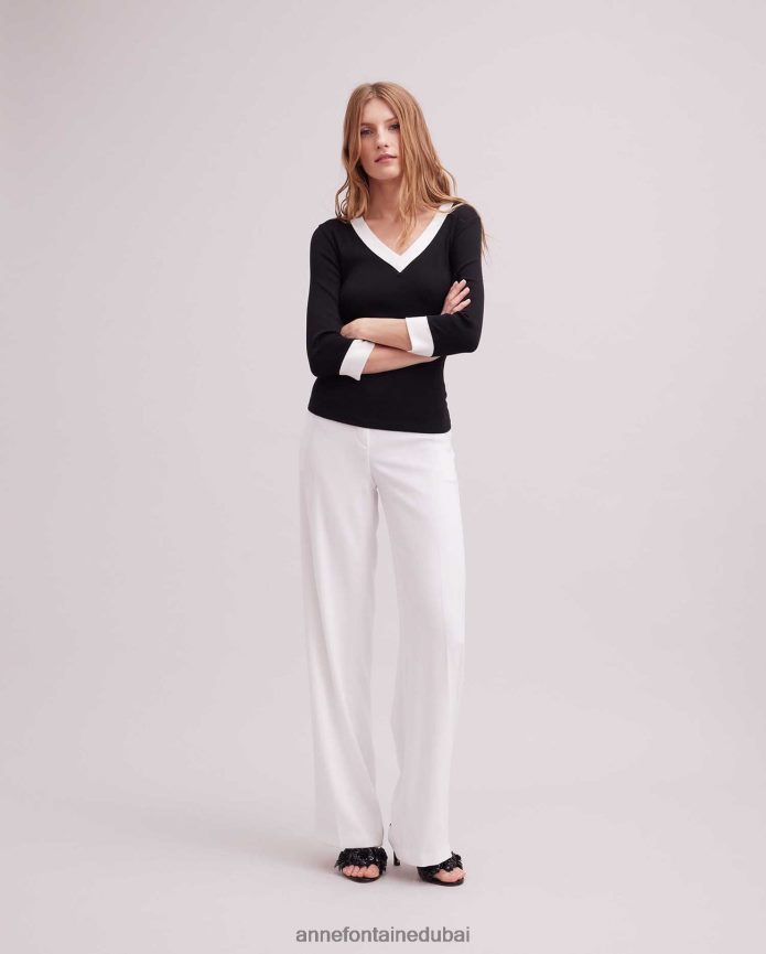 ملابس عبد اللطيف Anne Fontaine نحيف جزء علوي مضلع بأكمام 3/4 من Sol مع حواف متباينة أسود/أبيض T622DL261