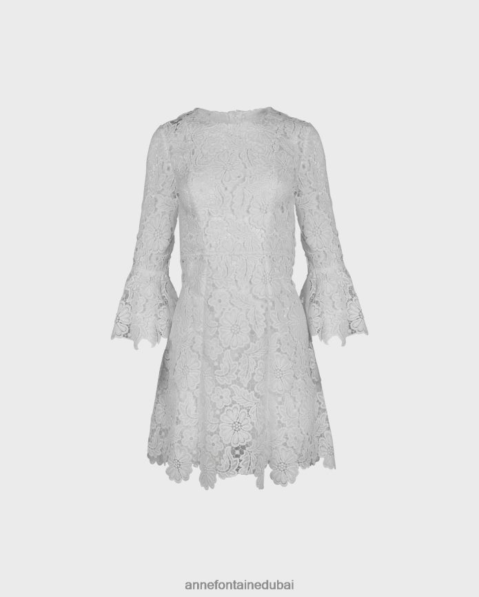 ملابس عبد اللطيف Anne Fontaine نحيف فستان دور 3/4 كم فستان دانتيل أبيض T622DL116