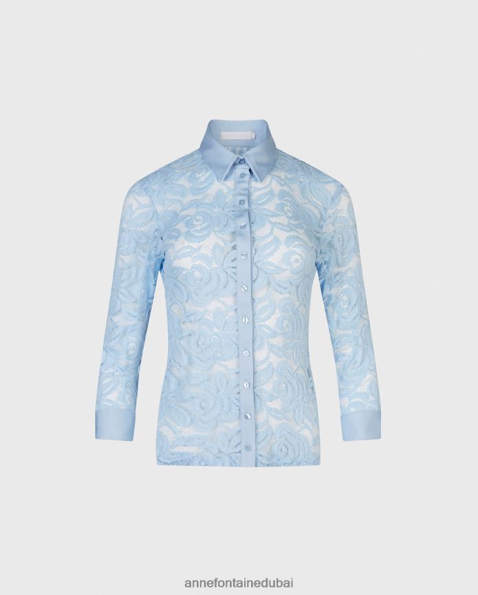 ملابس عبد اللطيف Anne Fontaine نحيف قميص ناهيا 3/4 كم قميص دانتيل في ريفييرا أزرق T622DL156