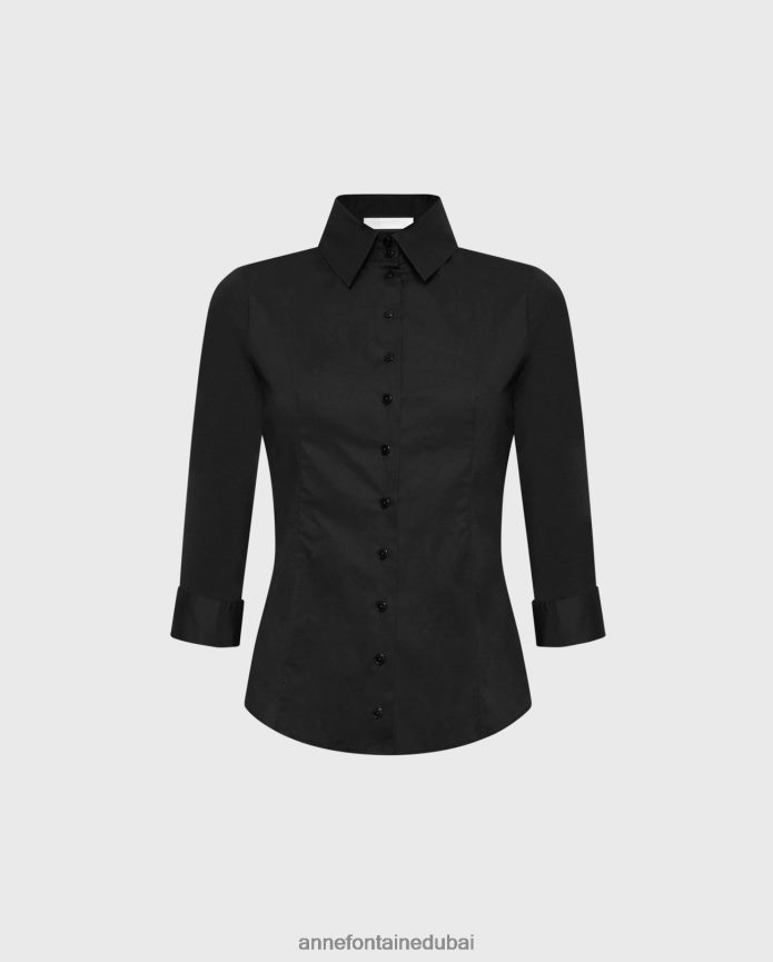 ملابس عبد اللطيف Anne Fontaine نحيف تي شيرت كوني 3/4 كم تي شيرت بأساور مبتلة أسود T622DL167