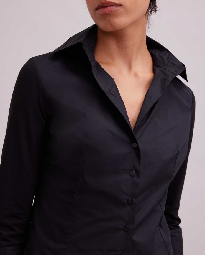 ملابس عبد اللطيف Anne Fontaine نحيف تي شيرت كوني 3/4 كم تي شيرت بأساور مبتلة أسود T622DL167