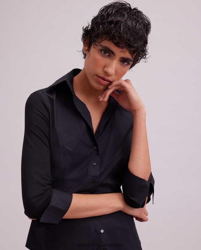 ملابس عبد اللطيف Anne Fontaine نحيف تي شيرت كوني 3/4 كم تي شيرت بأساور مبتلة أسود T622DL167