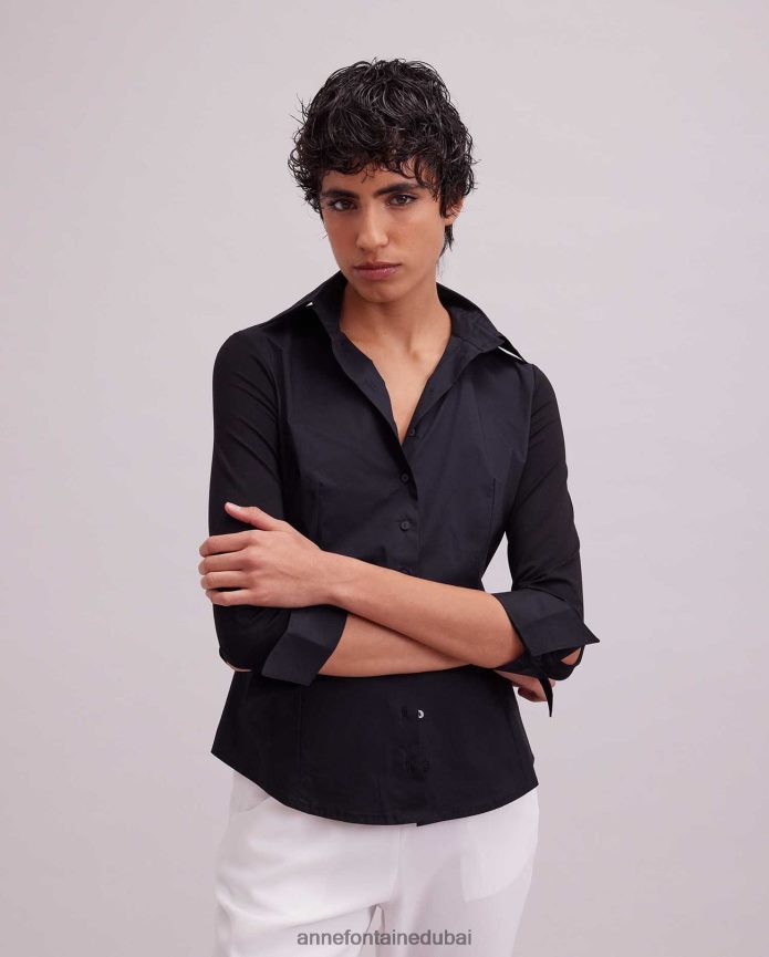 ملابس عبد اللطيف Anne Fontaine نحيف تي شيرت كوني 3/4 كم تي شيرت بأساور مبتلة أسود T622DL167