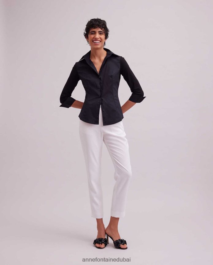 ملابس عبد اللطيف Anne Fontaine نحيف تي شيرت كوني 3/4 كم تي شيرت بأساور مبتلة أسود T622DL167