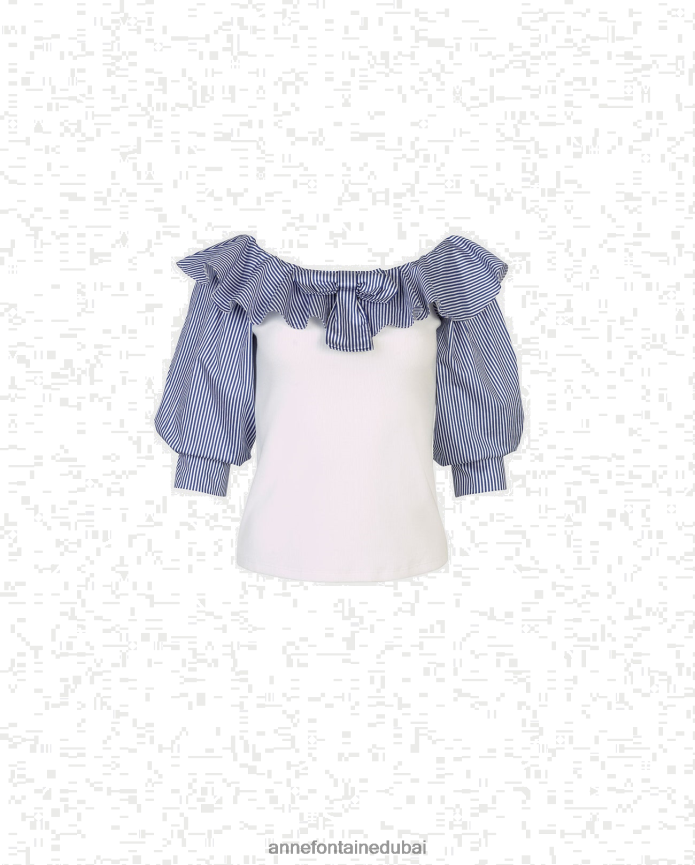 ملابس عبد اللطيف Anne Fontaine نحيف جزء علوي من الزوال بأكمام 3/4 وشريط مقلم من أعلى الكتف ابيض ازرق T622DL263