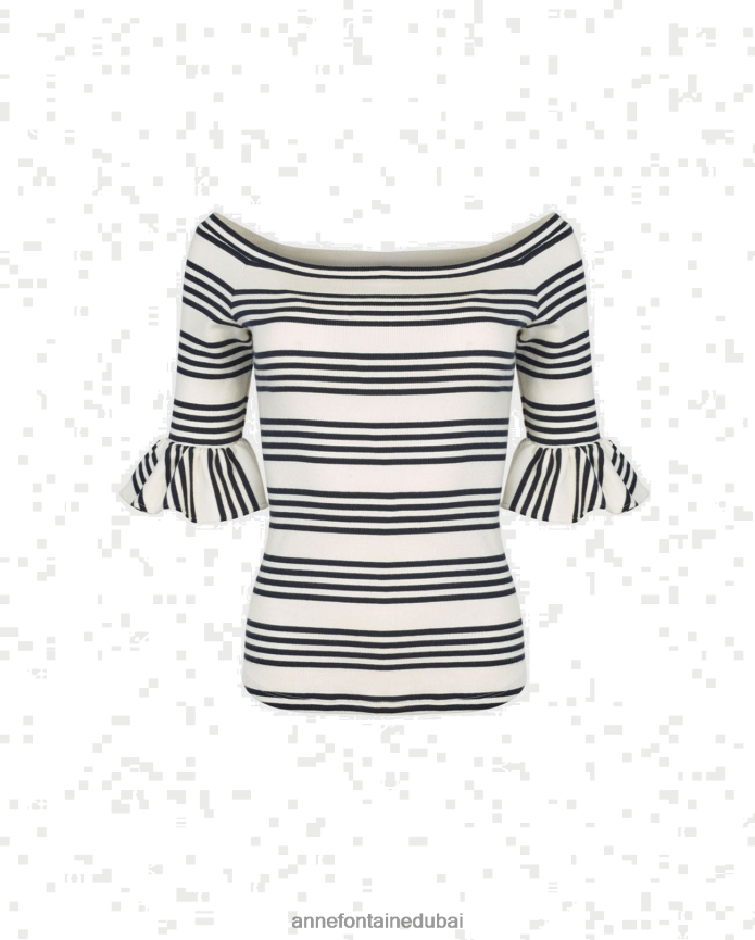 ملابس عبد اللطيف Anne Fontaine نحيف كنزة صوفية علوية متماسكة مخططة بأكمام 3/4 القوات البحرية T622DL265