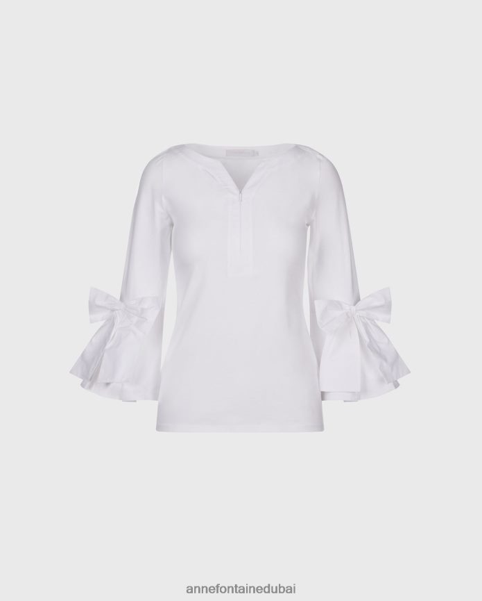 ملابس عبد اللطيف Anne Fontaine نحيف بلوزة كليسا بأكمام 3/4 مزودة بجزء علوي بيما مع أقواس موضوعة أبيض T622DL276