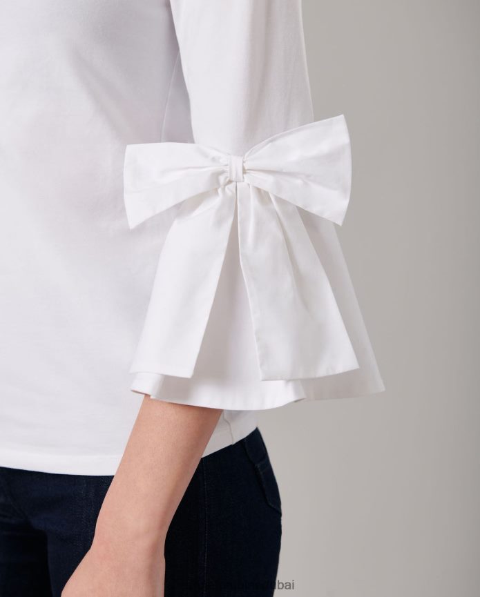 ملابس عبد اللطيف Anne Fontaine نحيف بلوزة كليسا بأكمام 3/4 مزودة بجزء علوي بيما مع أقواس موضوعة أبيض T622DL276