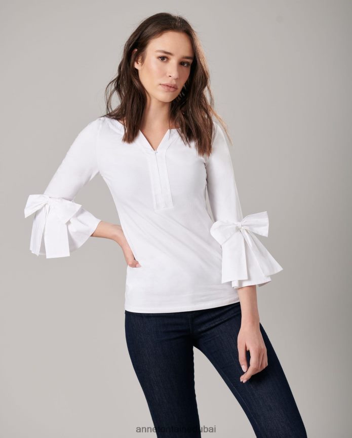 ملابس عبد اللطيف Anne Fontaine نحيف بلوزة كليسا بأكمام 3/4 مزودة بجزء علوي بيما مع أقواس موضوعة أبيض T622DL276