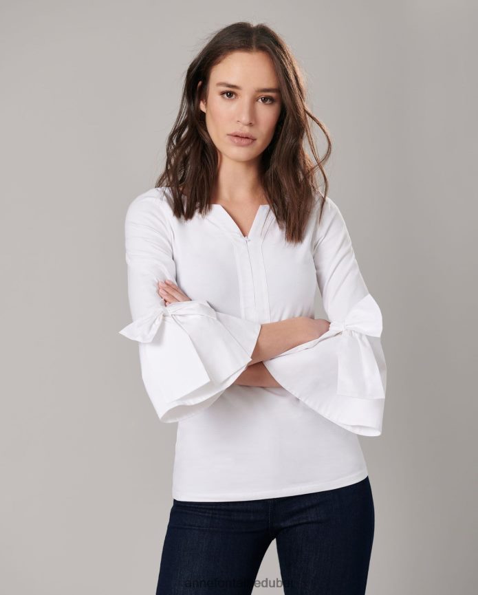 ملابس عبد اللطيف Anne Fontaine نحيف بلوزة كليسا بأكمام 3/4 مزودة بجزء علوي بيما مع أقواس موضوعة أبيض T622DL276