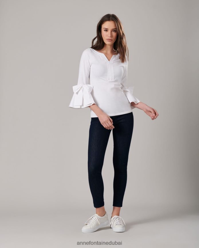 ملابس عبد اللطيف Anne Fontaine نحيف بلوزة كليسا بأكمام 3/4 مزودة بجزء علوي بيما مع أقواس موضوعة أبيض T622DL276