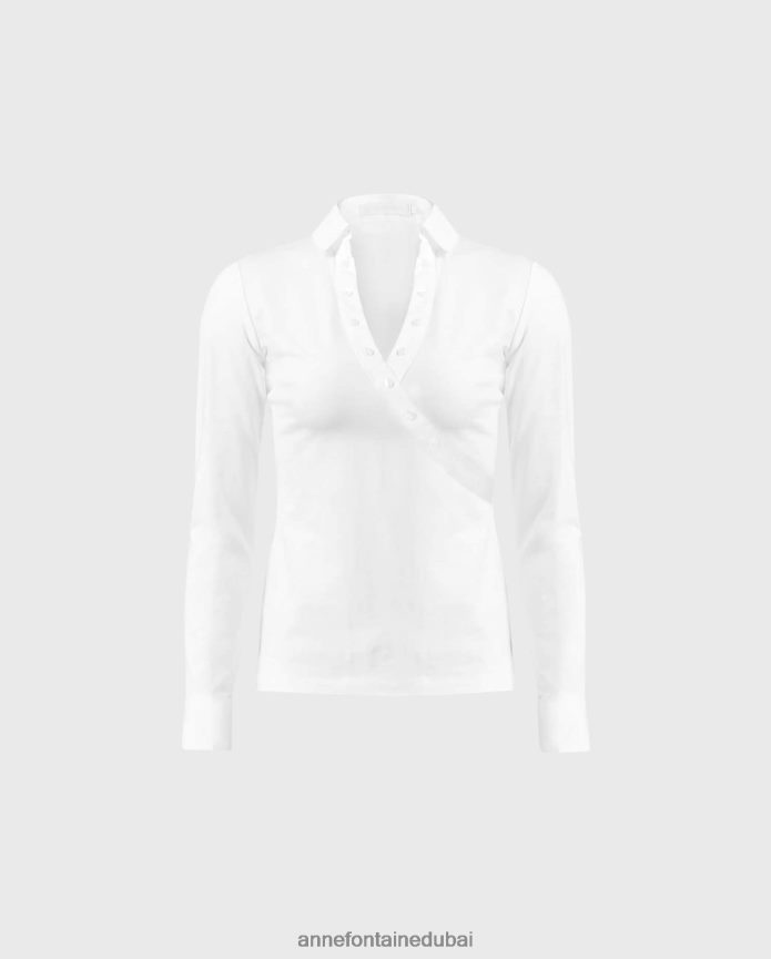 ملابس عبد اللطيف Anne Fontaine نحيف فولتا توب 3/4 كم كروس مع أساور فرنسية أبيض T622DL277