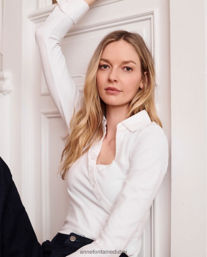 ملابس عبد اللطيف Anne Fontaine نحيف فولتا توب 3/4 كم كروس مع أساور فرنسية أبيض T622DL277