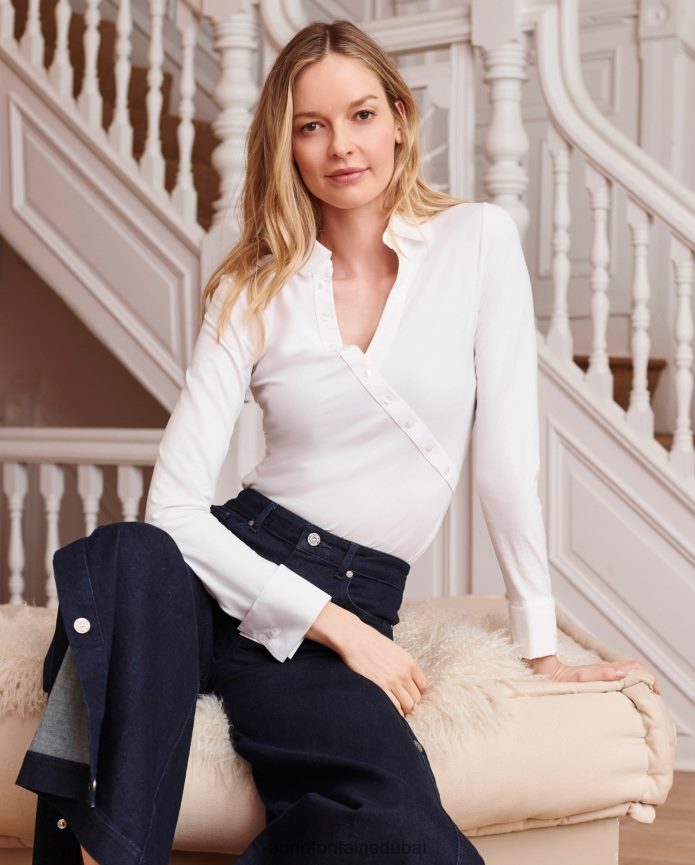 ملابس عبد اللطيف Anne Fontaine نحيف فولتا توب 3/4 كم كروس مع أساور فرنسية أبيض T622DL277