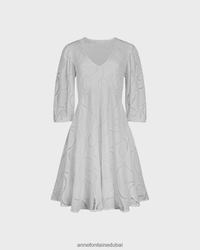 ملابس عبد اللطيف Anne Fontaine نحيف فستان احتفالي بأكمام 3/4 بتصميم بيزلي أبيض T622DL60