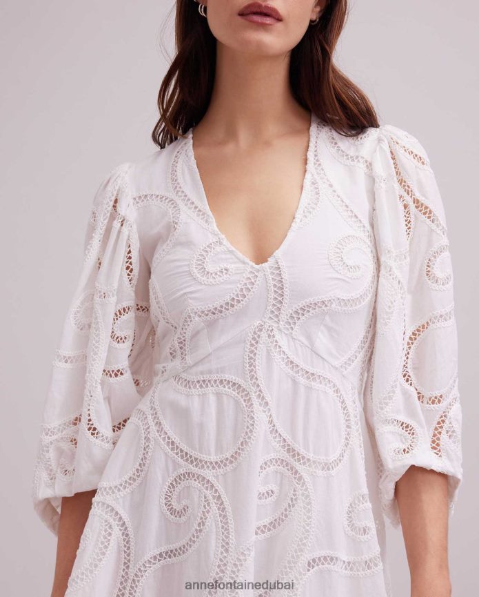 ملابس عبد اللطيف Anne Fontaine نحيف فستان احتفالي بأكمام 3/4 بتصميم بيزلي أبيض T622DL60