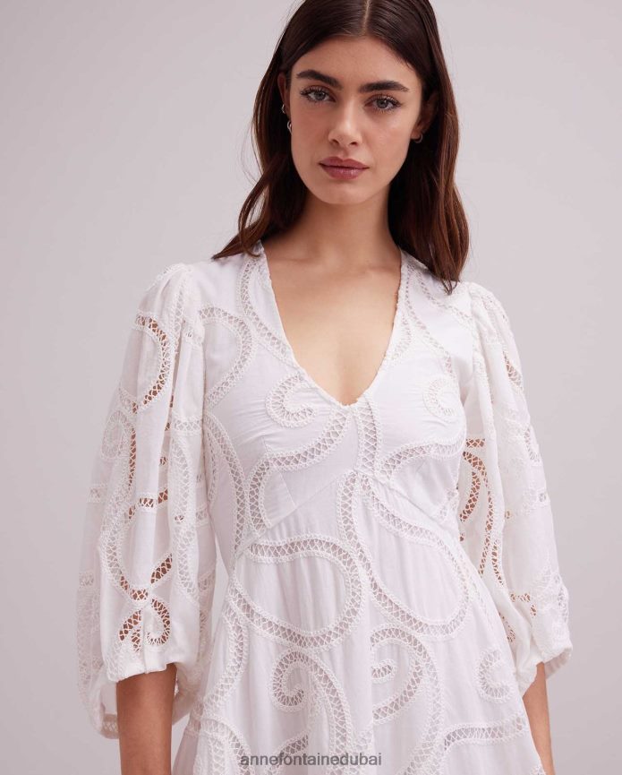 ملابس عبد اللطيف Anne Fontaine نحيف فستان احتفالي بأكمام 3/4 بتصميم بيزلي أبيض T622DL60