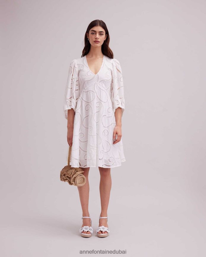 ملابس عبد اللطيف Anne Fontaine نحيف فستان احتفالي بأكمام 3/4 بتصميم بيزلي أبيض T622DL60
