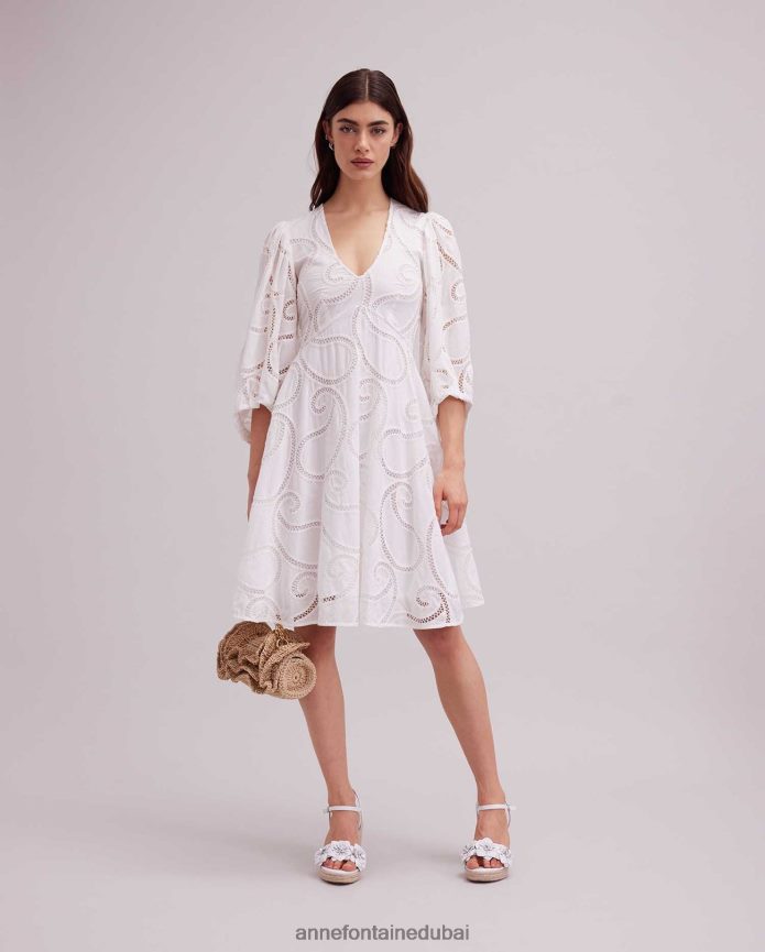 ملابس عبد اللطيف Anne Fontaine نحيف فستان احتفالي بأكمام 3/4 بتصميم بيزلي أبيض T622DL60