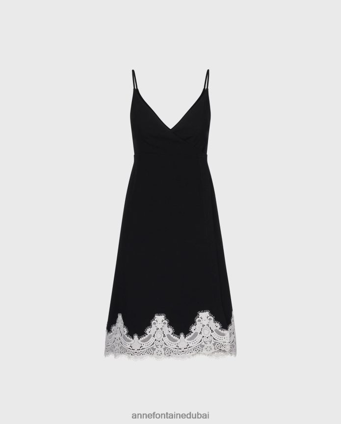 ملابس عبد اللطيف Anne Fontaine نحيف فستان سيانا فستان أحادي اللون على شكل حرف A مع حافة من الدانتيل أسود/أبيض T622DL93