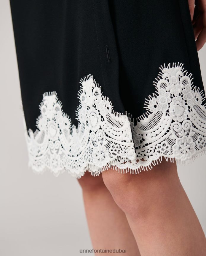 ملابس عبد اللطيف Anne Fontaine نحيف فستان سيانا فستان أحادي اللون على شكل حرف A مع حافة من الدانتيل أسود/أبيض T622DL93