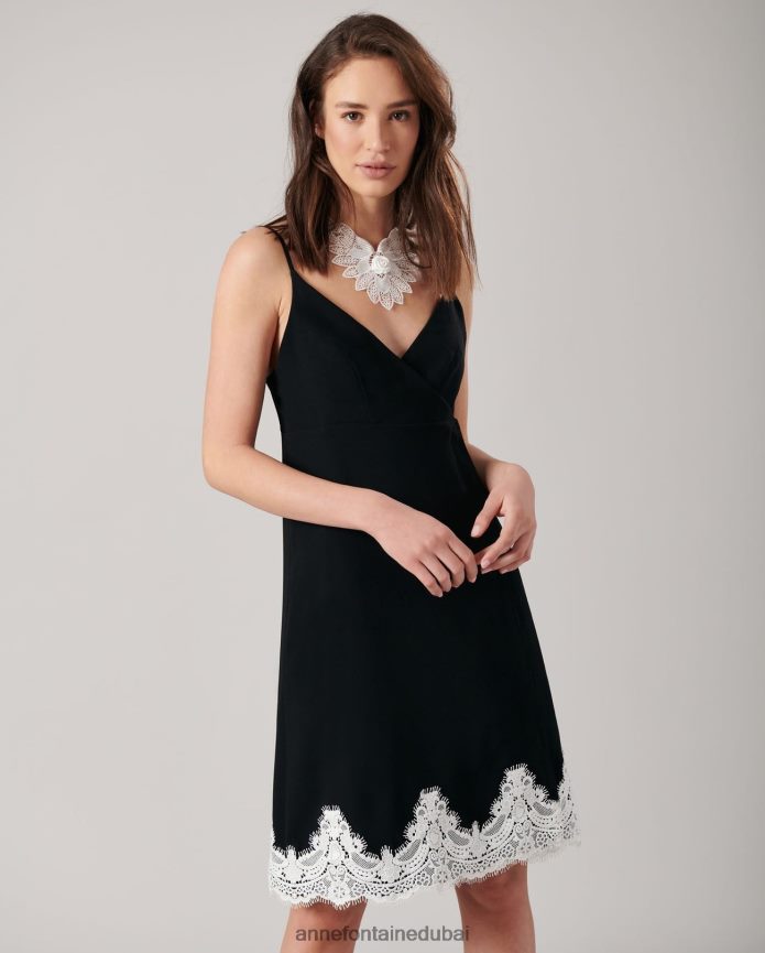 ملابس عبد اللطيف Anne Fontaine نحيف فستان سيانا فستان أحادي اللون على شكل حرف A مع حافة من الدانتيل أسود/أبيض T622DL93