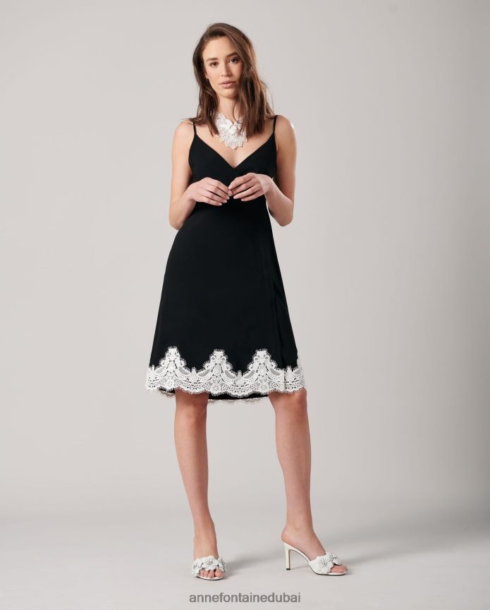 ملابس عبد اللطيف Anne Fontaine نحيف فستان سيانا فستان أحادي اللون على شكل حرف A مع حافة من الدانتيل أسود/أبيض T622DL93