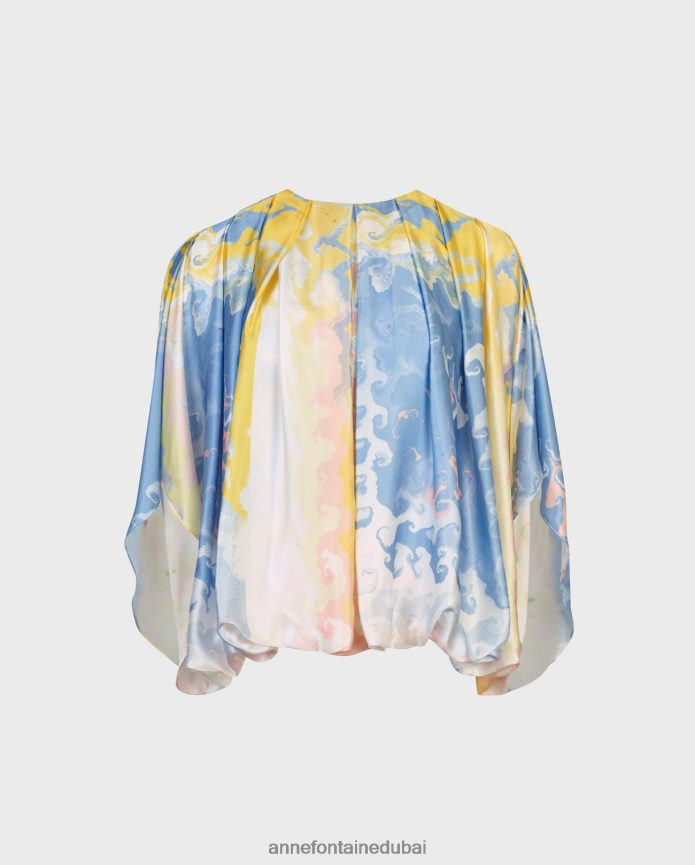ملابس عبد اللطيف Anne Fontaine نحيف بلوزة Aquarelle بلوزة حريرية ذات ثنيات ومطبوعة بألوان مائية أزرق T622DL157