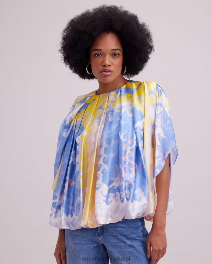 ملابس عبد اللطيف Anne Fontaine نحيف بلوزة Aquarelle بلوزة حريرية ذات ثنيات ومطبوعة بألوان مائية أزرق T622DL157