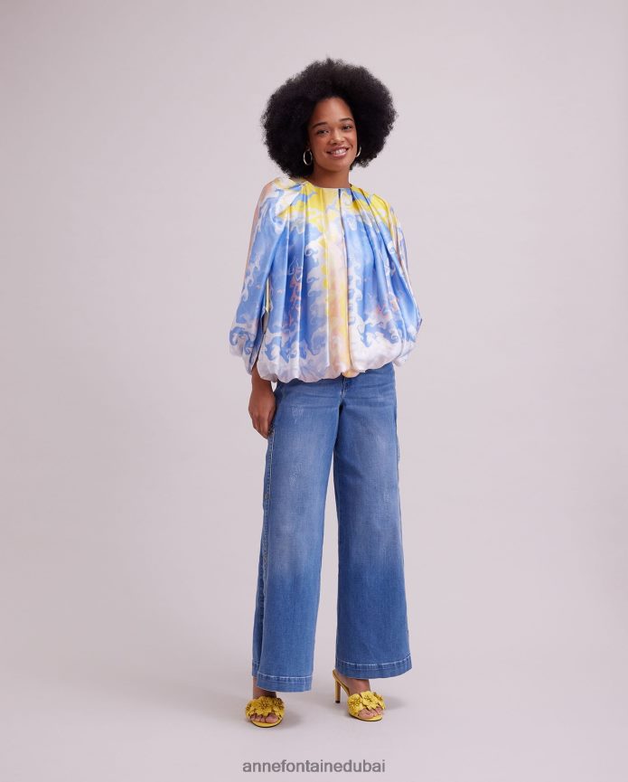 ملابس عبد اللطيف Anne Fontaine نحيف بلوزة Aquarelle بلوزة حريرية ذات ثنيات ومطبوعة بألوان مائية أزرق T622DL157