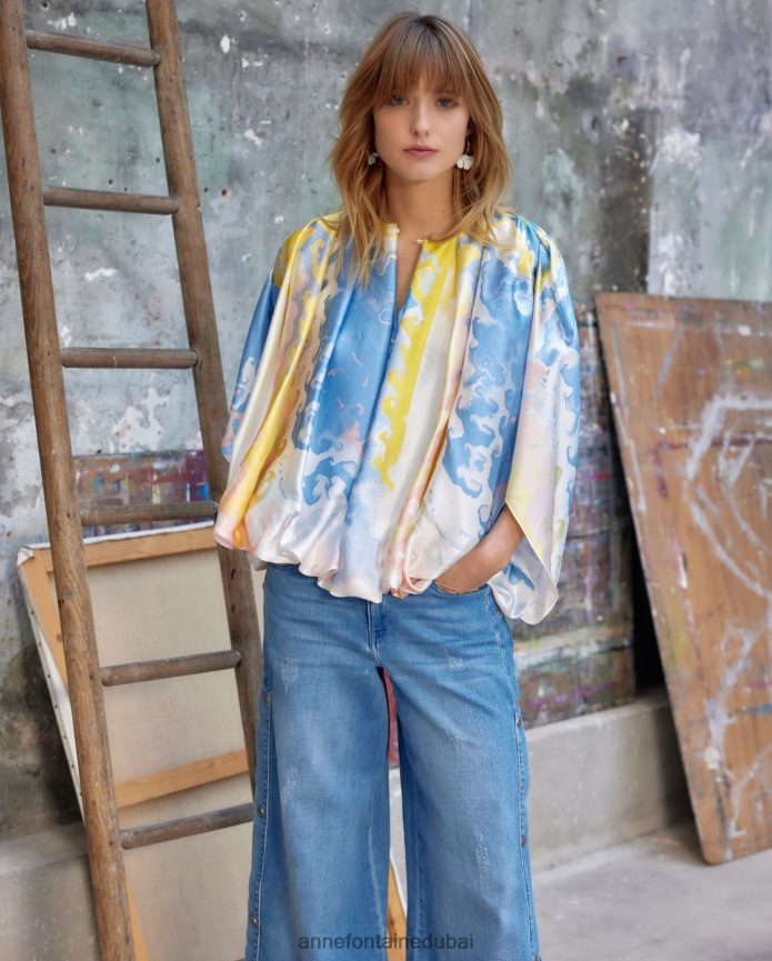 ملابس عبد اللطيف Anne Fontaine نحيف بلوزة Aquarelle بلوزة حريرية ذات ثنيات ومطبوعة بألوان مائية أزرق T622DL157