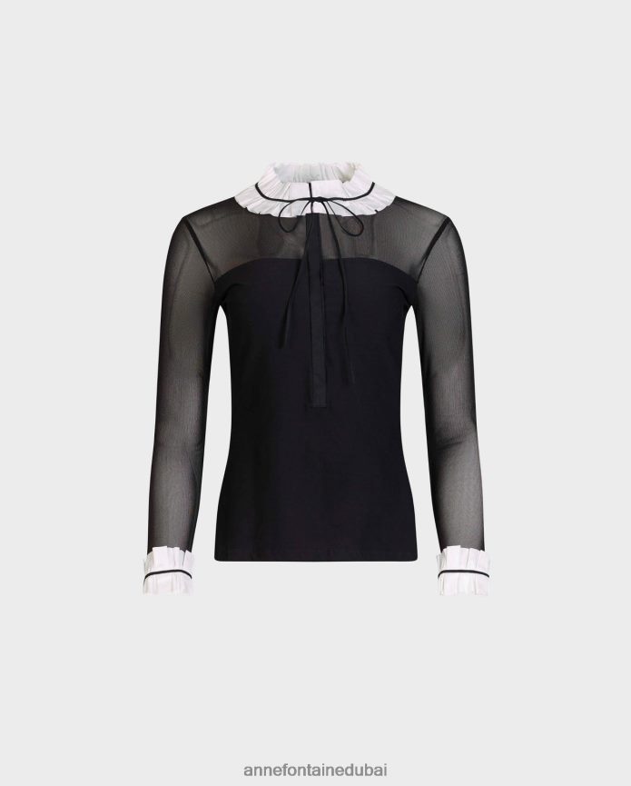 ملابس عبد اللطيف Anne Fontaine نحيف قميص Beinecke قميص كنزة صوفية شفاف مع ياقة وأساور أكمام من قماش البوبلين أسود/أبيض T622DL224