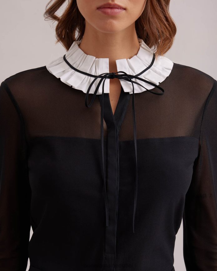 ملابس عبد اللطيف Anne Fontaine نحيف قميص Beinecke قميص كنزة صوفية شفاف مع ياقة وأساور أكمام من قماش البوبلين أسود/أبيض T622DL224