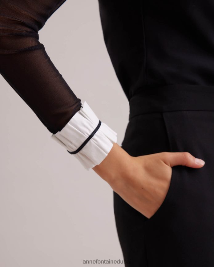 ملابس عبد اللطيف Anne Fontaine نحيف قميص Beinecke قميص كنزة صوفية شفاف مع ياقة وأساور أكمام من قماش البوبلين أسود/أبيض T622DL224