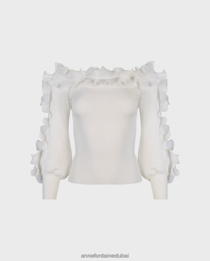 ملابس عبد اللطيف Anne Fontaine نحيف سترة Catane طويلة الأكمام متماسكة مع تفاصيل كشكش أبيض T622DL462