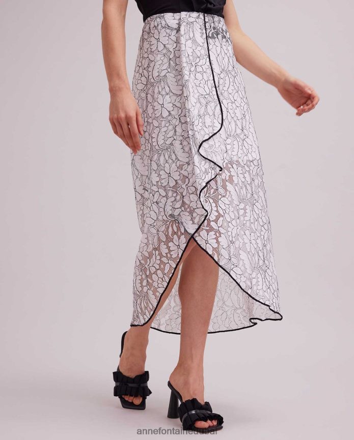 ملابس عبد اللطيف Anne Fontaine نحيف تنورة من الدانتيل من Cogolin مع زخرفة متباينة وكشكشة متتالية أسود/أبيض T622DL386