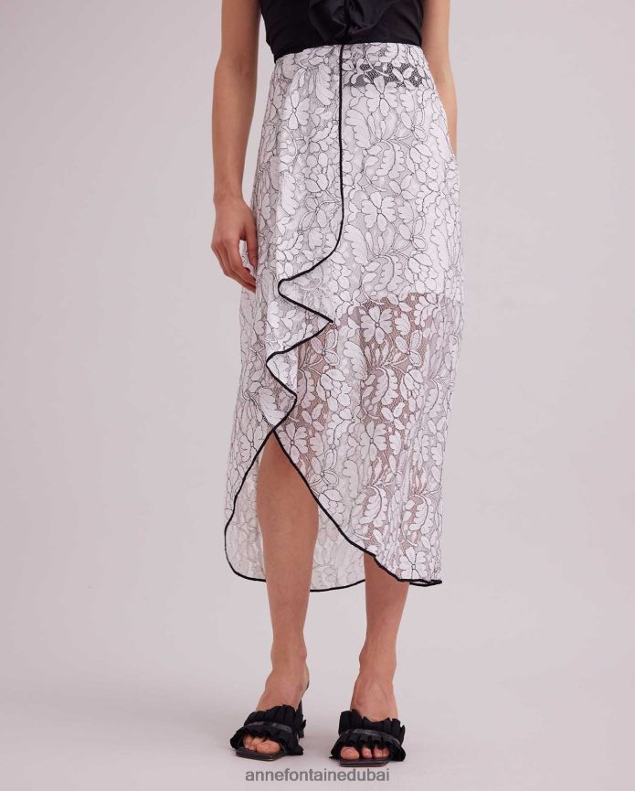 ملابس عبد اللطيف Anne Fontaine نحيف تنورة من الدانتيل من Cogolin مع زخرفة متباينة وكشكشة متتالية أسود/أبيض T622DL386