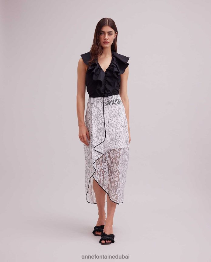 ملابس عبد اللطيف Anne Fontaine نحيف تنورة من الدانتيل من Cogolin مع زخرفة متباينة وكشكشة متتالية أسود/أبيض T622DL386