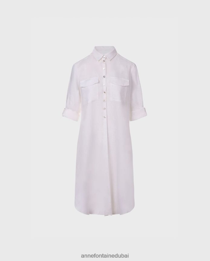 ملابس عبد اللطيف Anne Fontaine نحيف قميص Comete قميص طويل تونيك انسيابي مع أزرار من عرق اللؤلؤ أبيض T622DL247