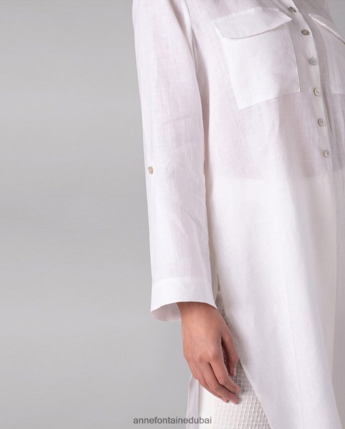 ملابس عبد اللطيف Anne Fontaine نحيف قميص Comete قميص طويل تونيك انسيابي مع أزرار من عرق اللؤلؤ أبيض T622DL247