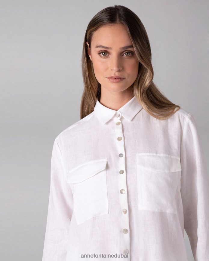 ملابس عبد اللطيف Anne Fontaine نحيف قميص Comete قميص طويل تونيك انسيابي مع أزرار من عرق اللؤلؤ أبيض T622DL247