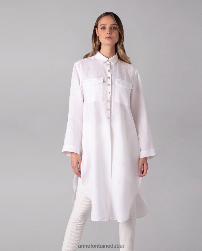 ملابس عبد اللطيف Anne Fontaine نحيف قميص Comete قميص طويل تونيك انسيابي مع أزرار من عرق اللؤلؤ أبيض T622DL247