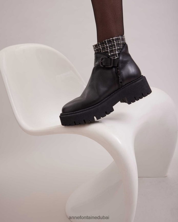 أحذية عبد اللطيف Anne Fontaine نحيف حذاء تشيلسي من الجلد من Dorval مع تفاصيل من التويد وإبزيم الفضة السوداء T622DL7