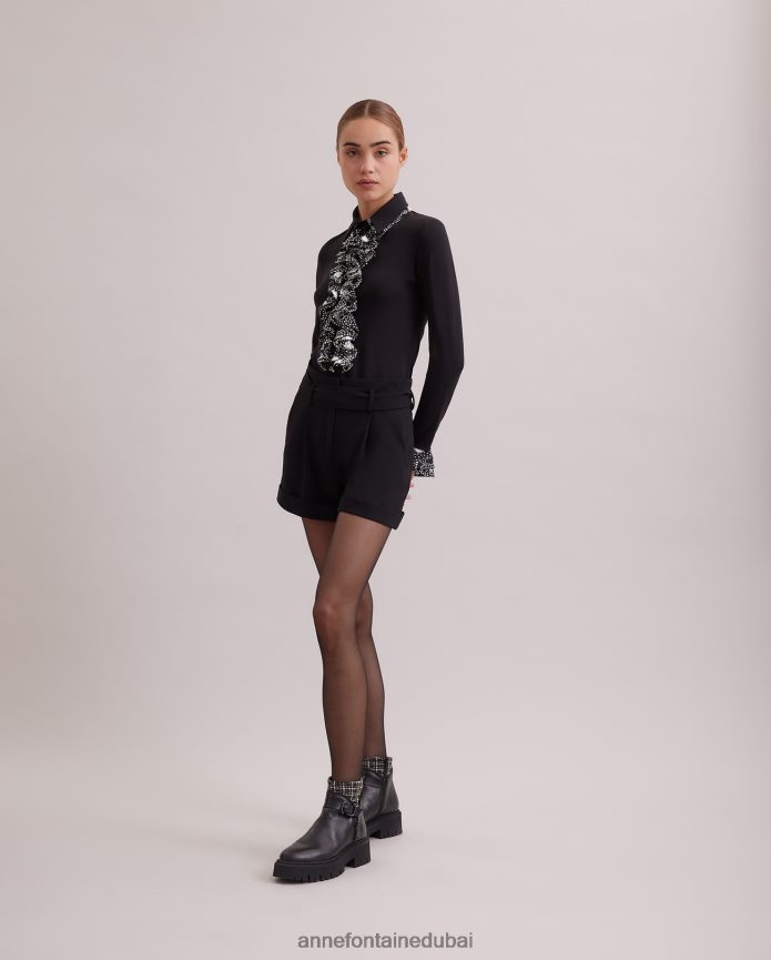 أحذية عبد اللطيف Anne Fontaine نحيف حذاء تشيلسي من الجلد من Dorval مع تفاصيل من التويد وإبزيم الفضة السوداء T622DL7