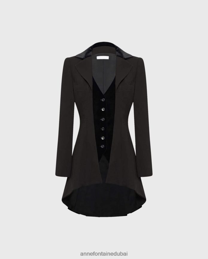 ملابس عبد اللطيف Anne Fontaine نحيف سترة Emrys سترة كريب ذات طراز عتيق مع صدرية مخملية مدمجة أسود T622DL445