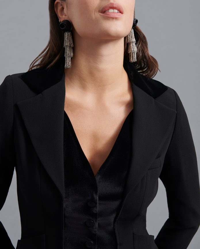 ملابس عبد اللطيف Anne Fontaine نحيف سترة Emrys سترة كريب ذات طراز عتيق مع صدرية مخملية مدمجة أسود T622DL445